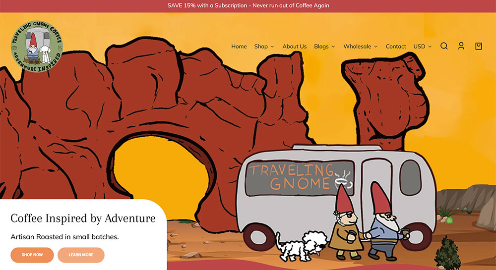 Traveling Gnome Coffee Shopify website