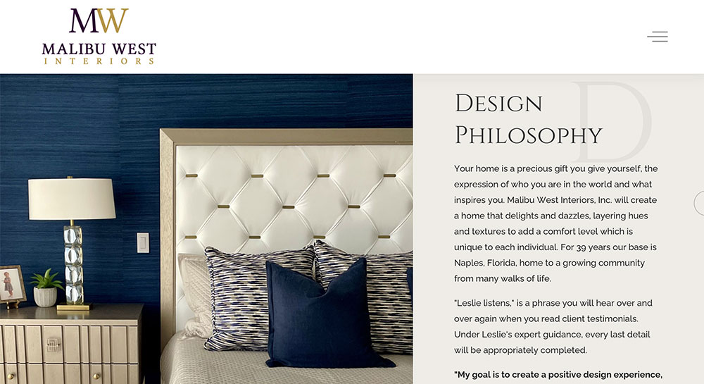 Malibu West Interiors custom website by Studio 239 Design
